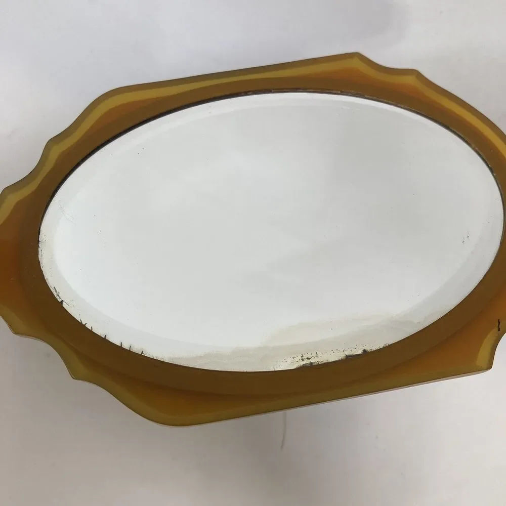4 Pcs Vanity Set Art Deco Celluloid Bakelite ‎ Mirror 2 Brushes Hand weave VTG